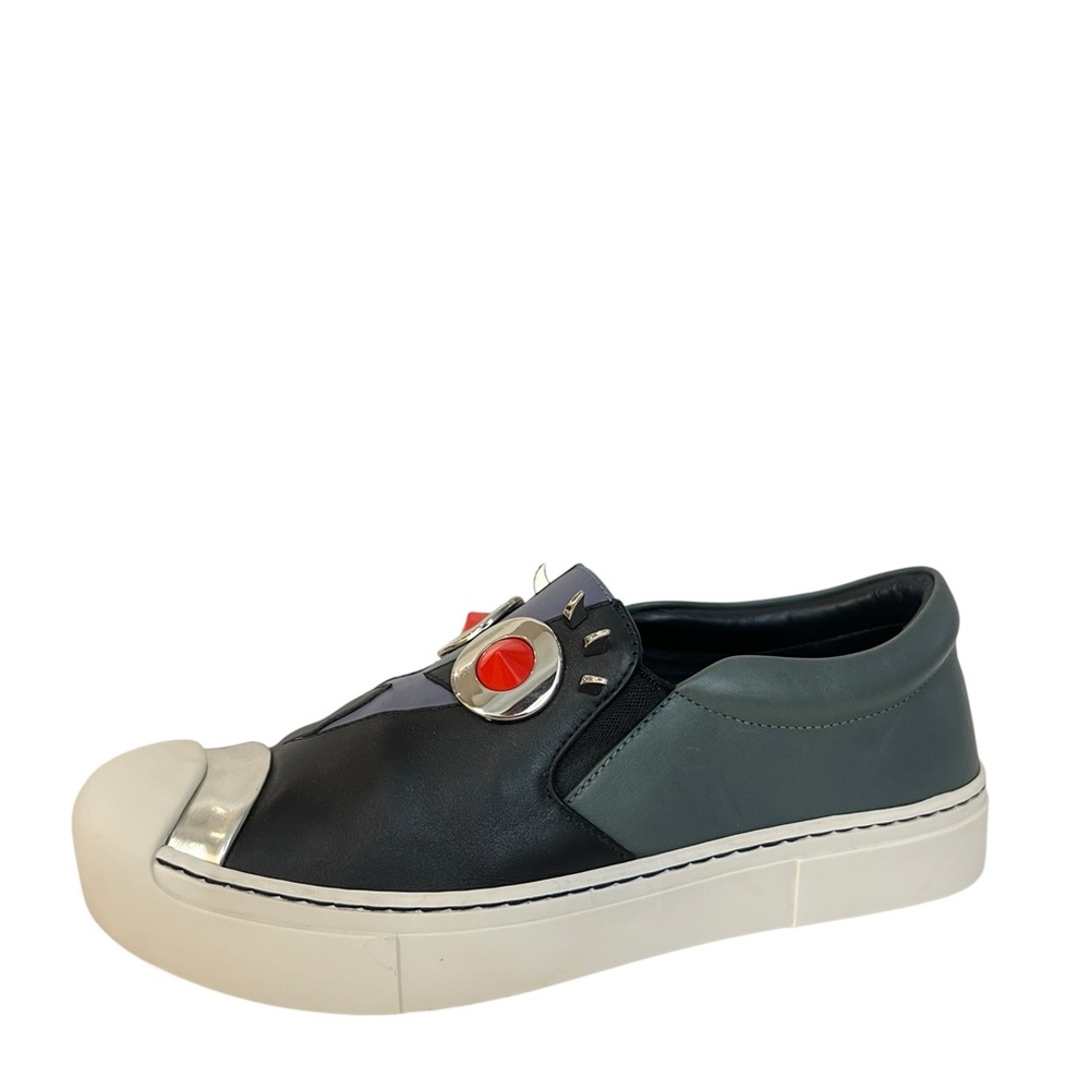 Fendi Black Leather Monster Slip On Sneakers